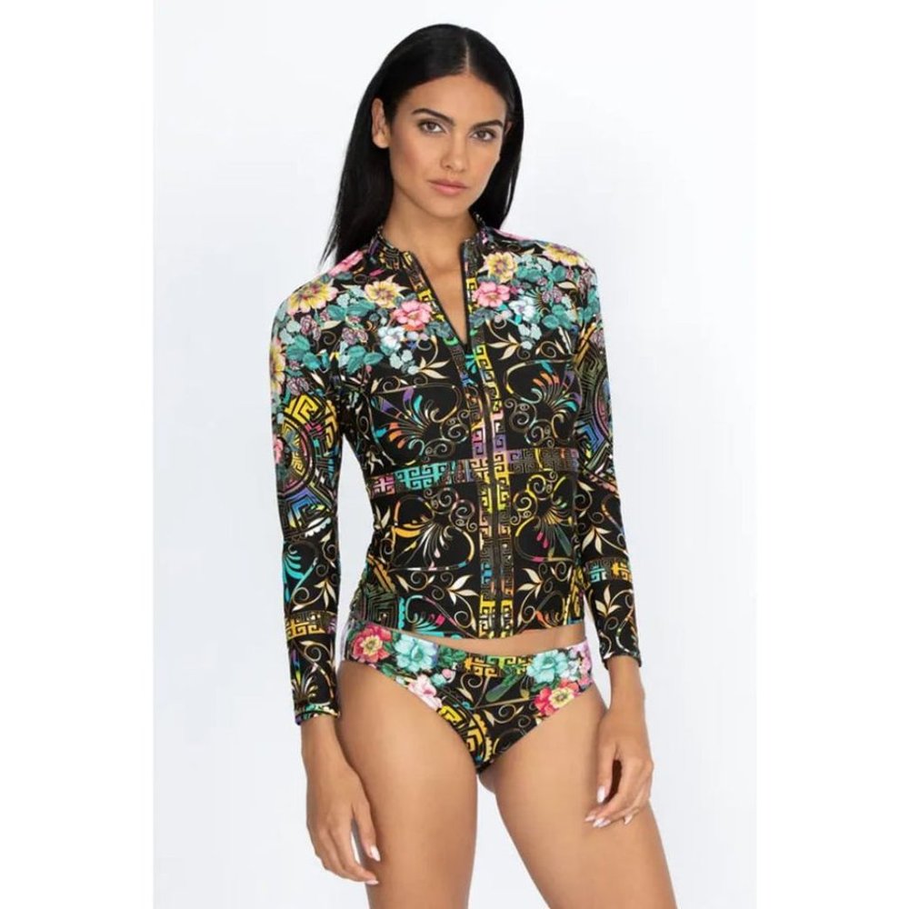 Johnny Was Joy Surf Shirt Swim Wear Long Floral Rash Guard Black Flowers Top NEW